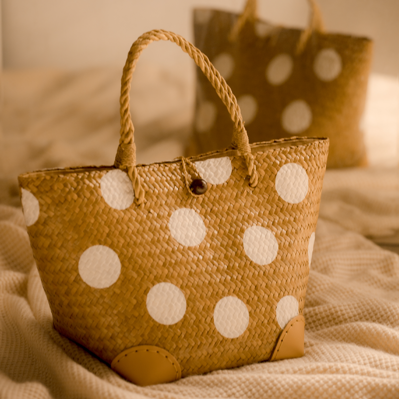 Natural woven krajood polka dot handbag