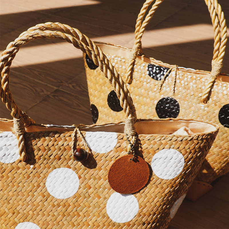 Natural woven Thai krajood polka dot handbag